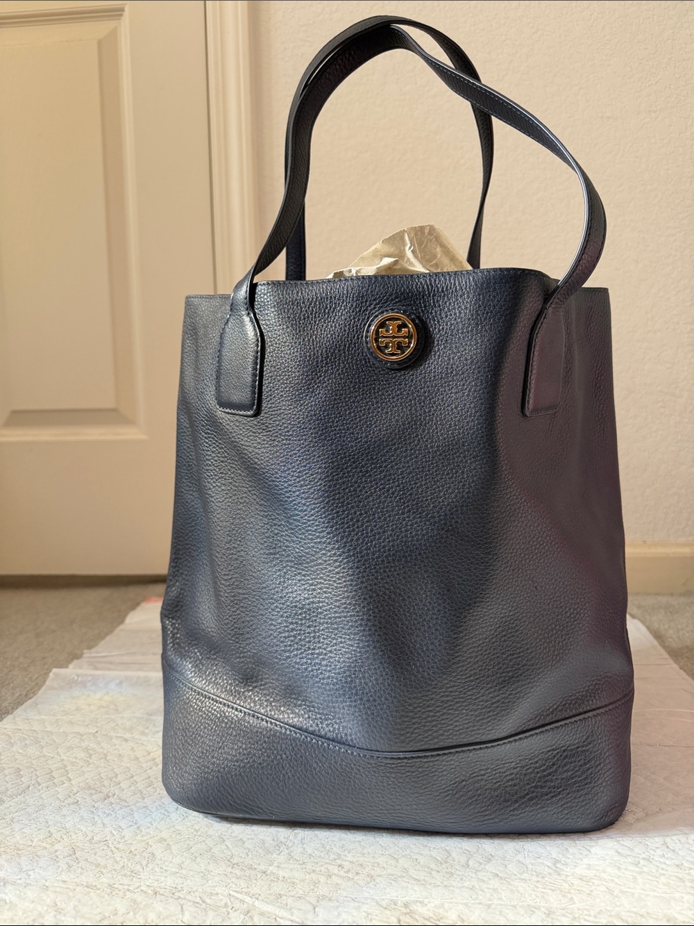 Tory Burch Navy Shoulder Tote with Gold Emblem